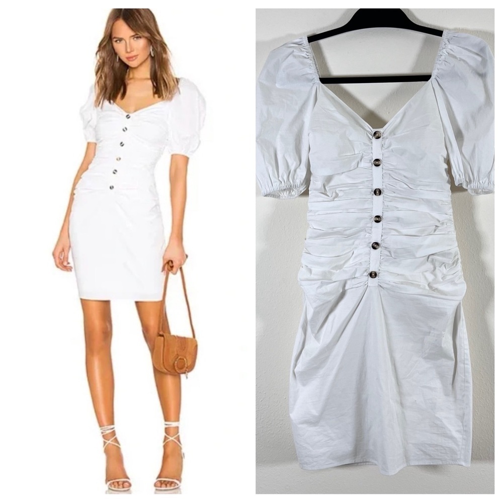 LPA Revolve Shirred Button Up Dress With Puff Sleeve White Size XS Cotton Y2K